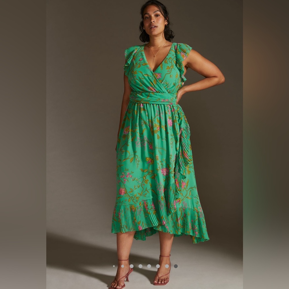 By Anthropologie A+ Ruffle-Sleeve Floral-Wrap Midi Dress